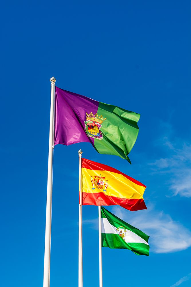 Malaga, Andalusia and national flags at the Alcazaba and Castle of Gibralfaro, Malaga, Spain.